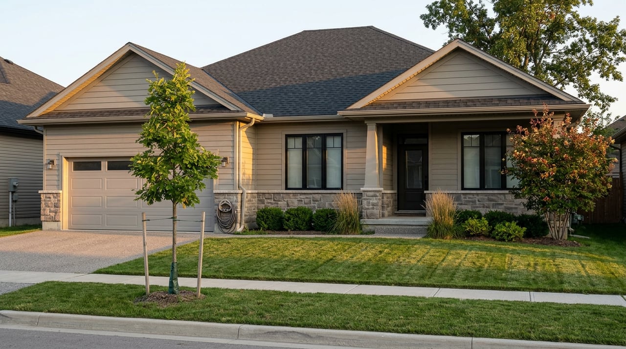 Single-story home with stone wainscot, greige siding, covered porch, two-car garage, and young landscaped plantings.