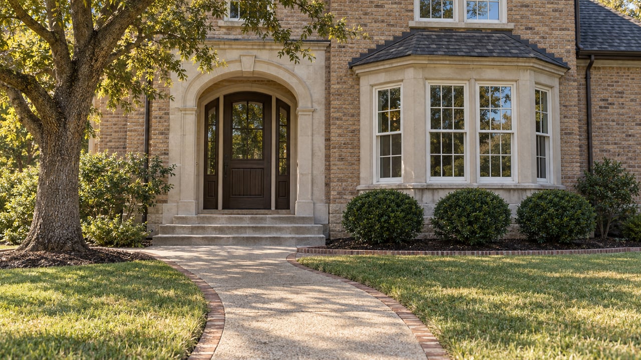 Morning light on a buff-brick home with a limestone arched entry, divided-pane windows and a curved walk through a deep lawn.