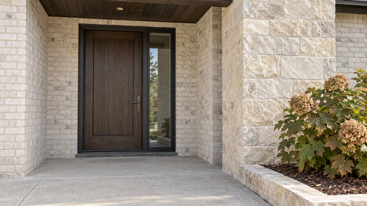 Close view of a sheltered dark wood entry door with charcoal-framed sidelight, pale limestone pier, cream brick and an oakleaf hydrangea beside a concrete landing.