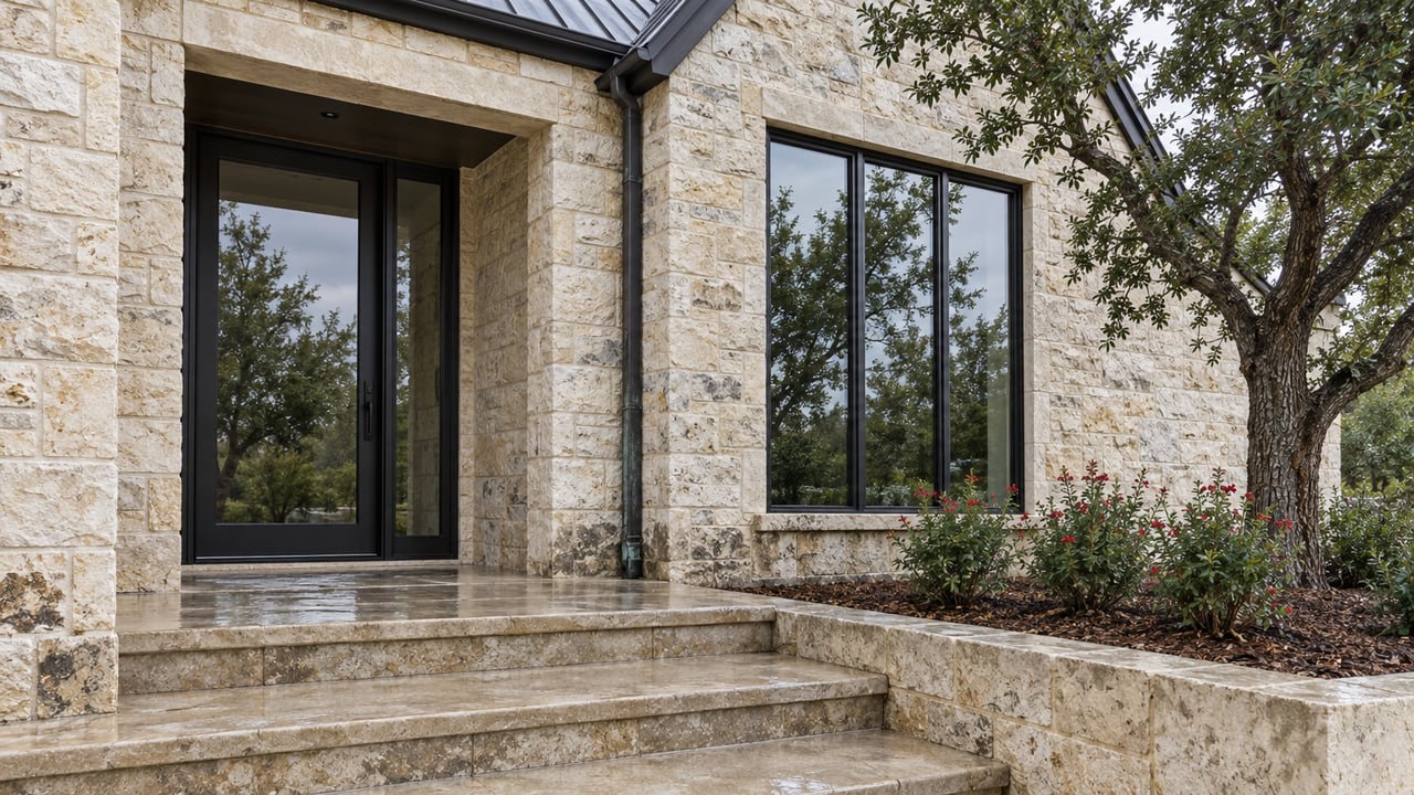 Close view of a limestone home's dark-framed entry and tall window above broad stone steps, beside a mature live oak and red-flowering sage.