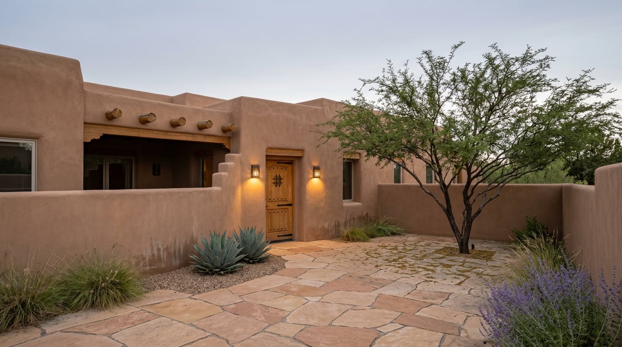 Desert courtyard home with a carved wood door, flagstone paving, mesquite tree, and glowing iron sconces.