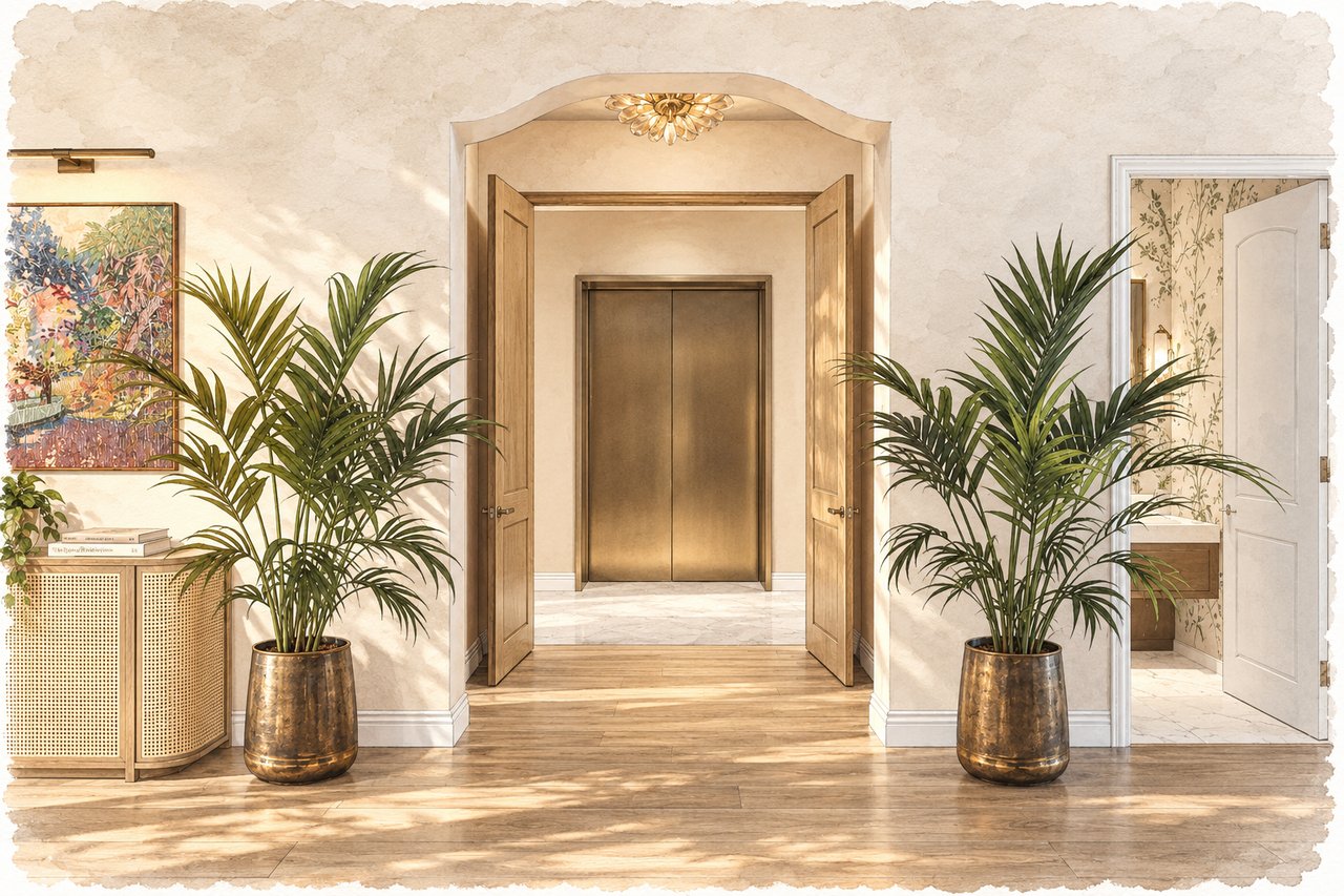 Elevator lobby with bronze doors, open wood doors, potted palms, and a decorative chandelier.