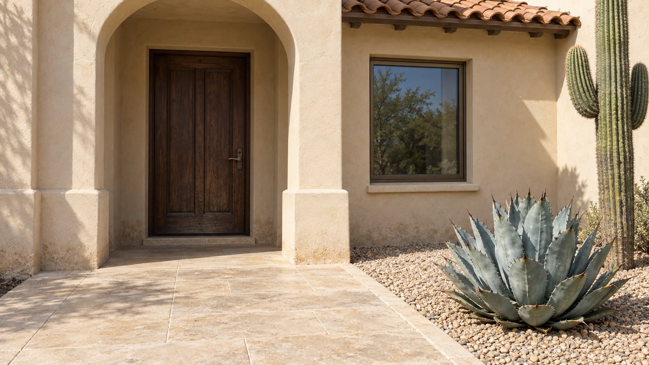 Cream stucco home entrance with a shaded oak door, bronze-framed window, limestone walkway and sculptural desert planting.