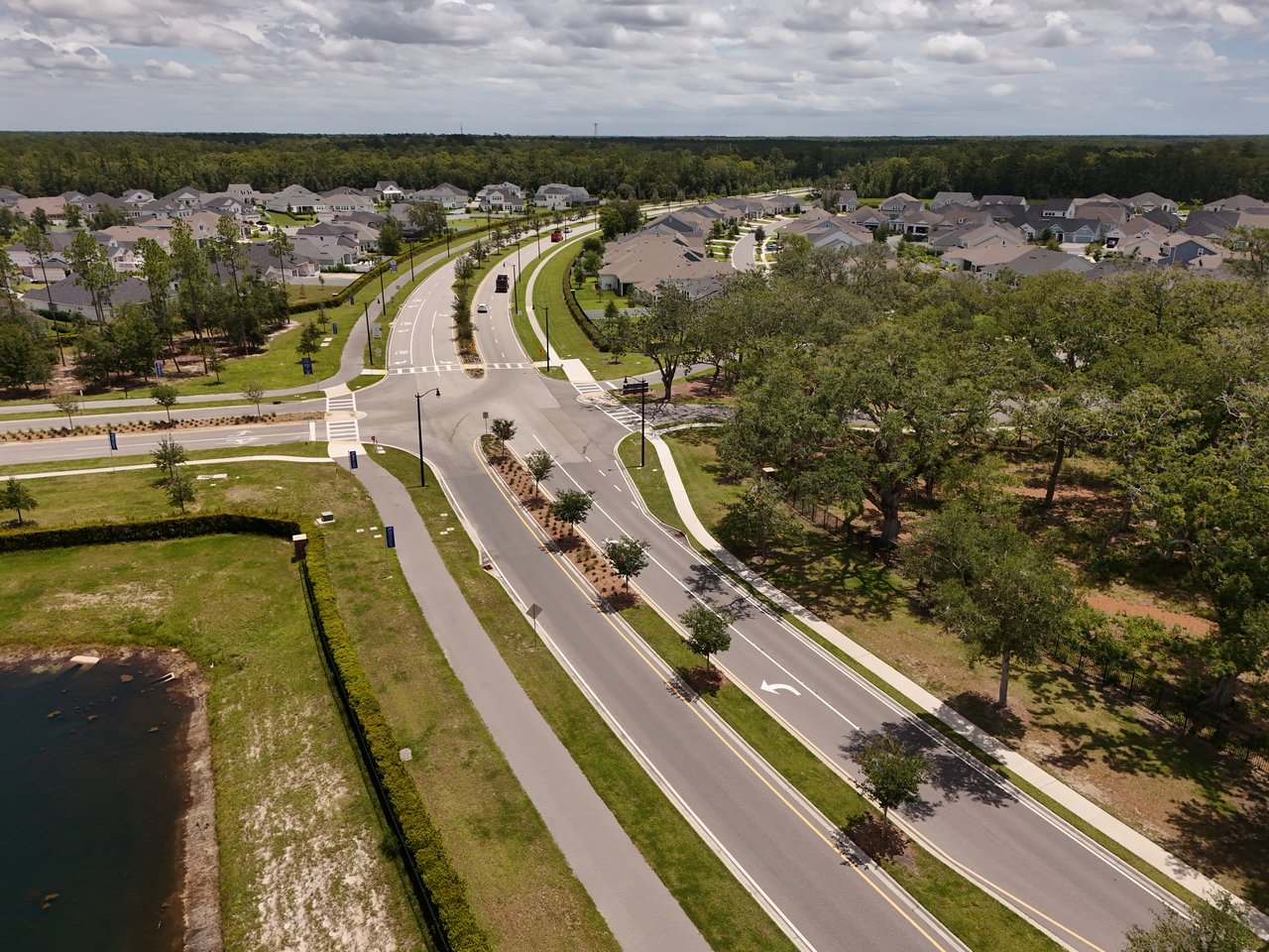 Aerial view of a residential neighborhood with a landscaped entrance road and rows of homes.