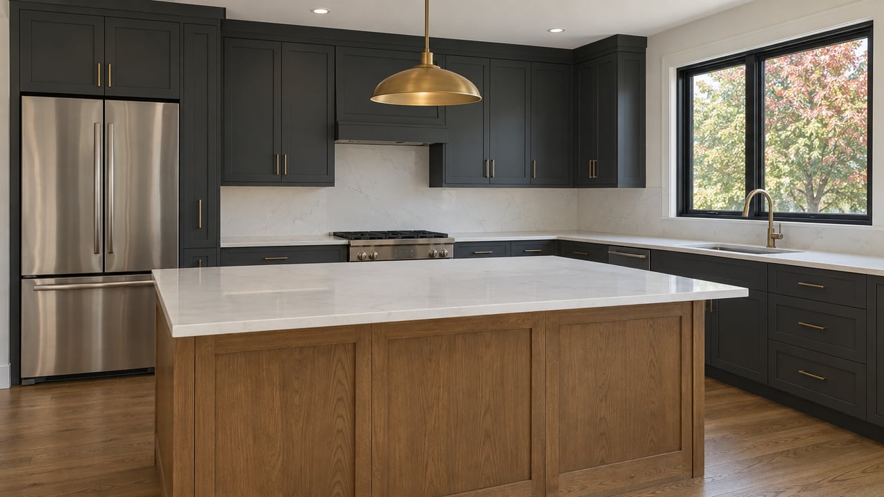 Daylit residential kitchen with charcoal cabinets, a white-topped oak island, brass fixtures and warm wood flooring.