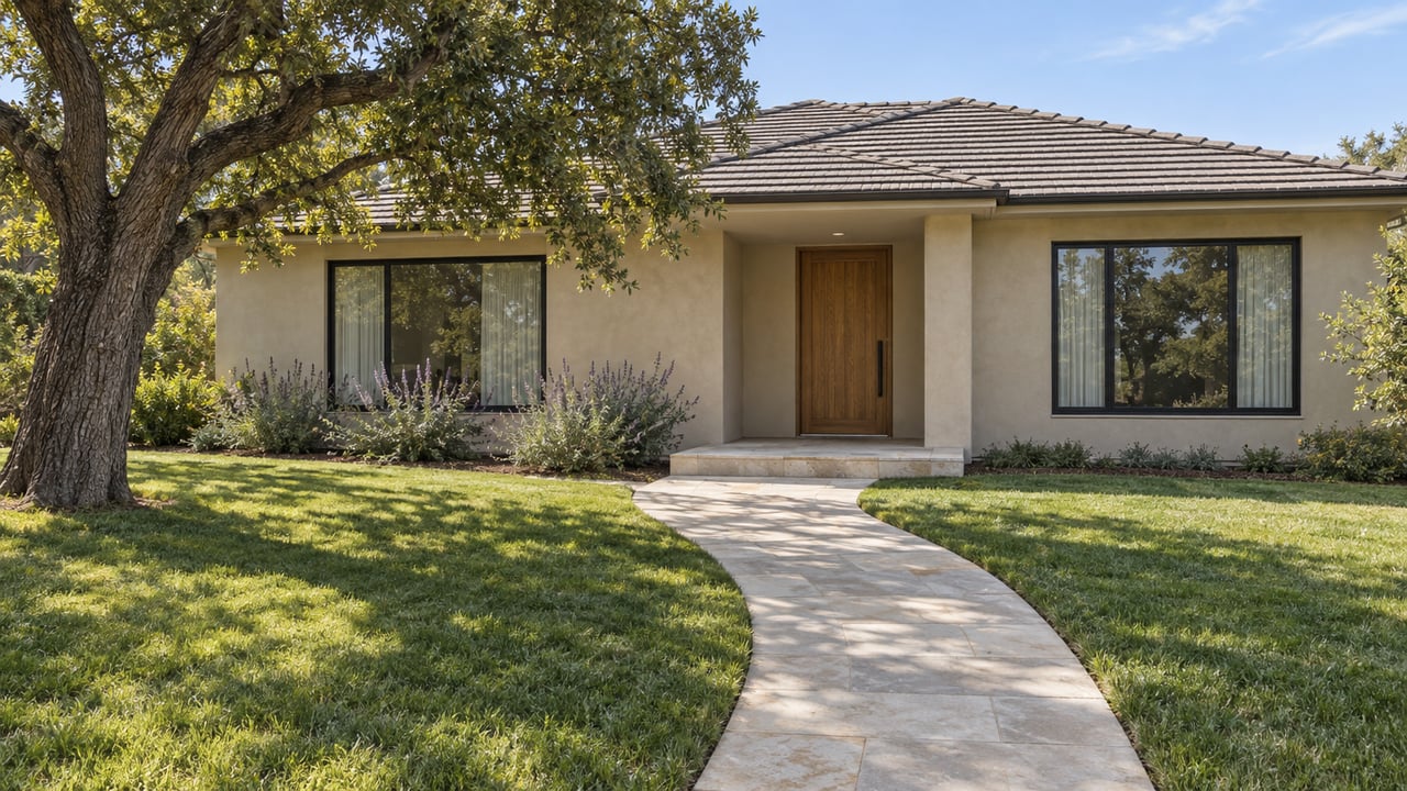 Sand-colored single-story home with a broad tiled roof, limestone approach, deep lawn and mature spreading oak.