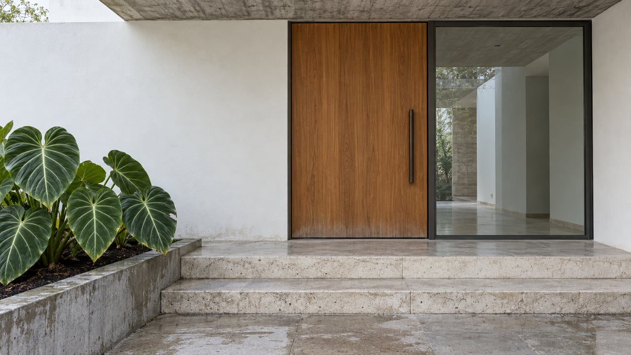 Concrete canopy above a teak front door and dark-framed glass, with pale limestone steps and a broad-leaved philodendron in a raised planter.