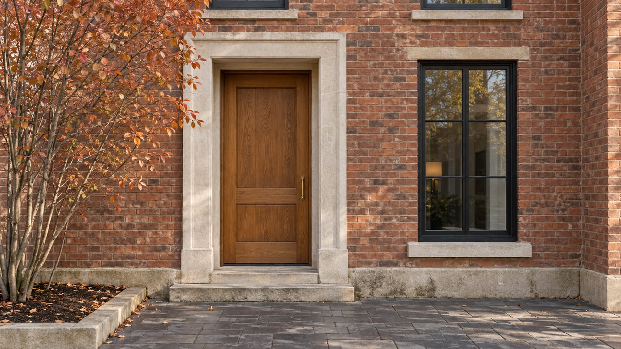 Recessed oak door and black-framed window in a red-brown brick facade, with a small autumn tree beside the entry.