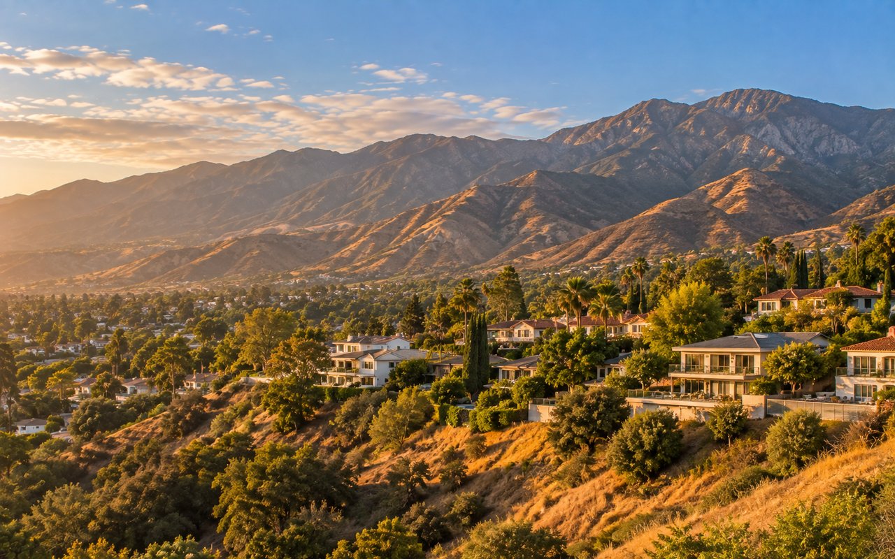 Hillside homes in Sylmar, CA with the San Gabriel Mountains rising behind them