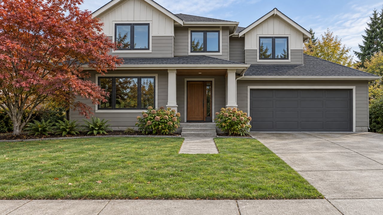 A gray gabled home with a recessed cedar entrance and double garage stands behind a deep front lawn and an autumn Japanese maple.