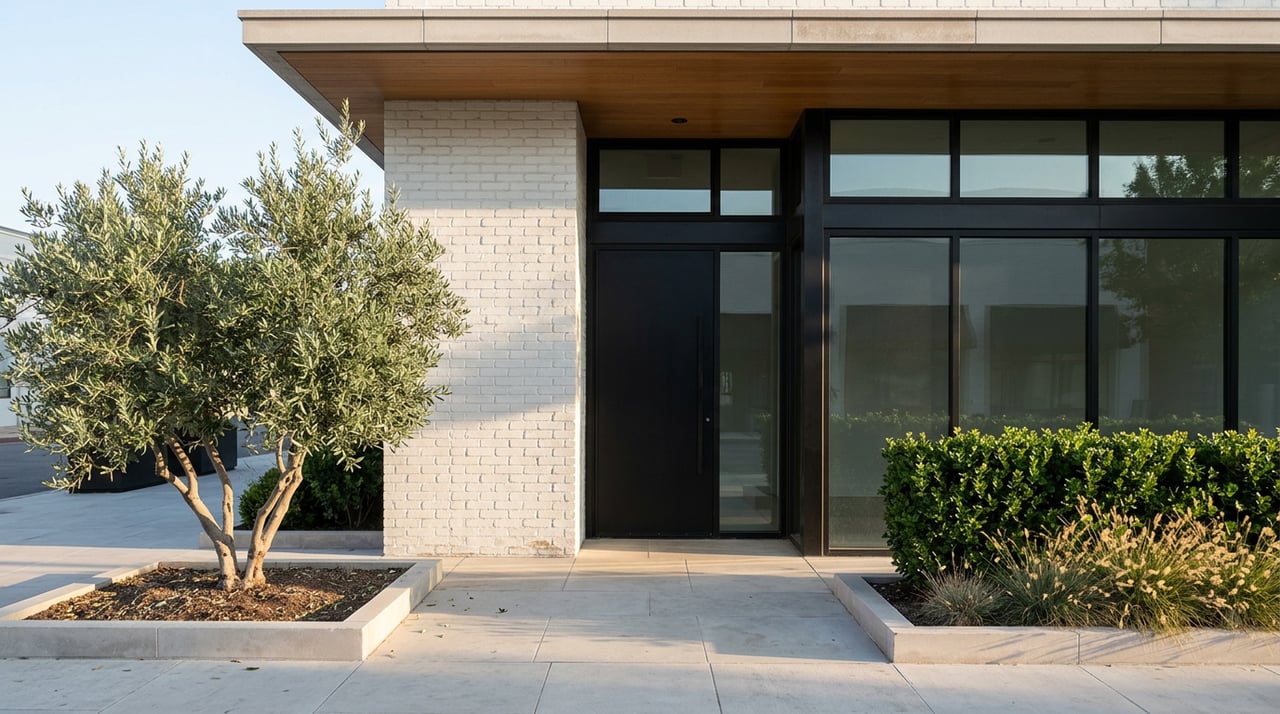 Urban storefront with a white brick pier, black steel-framed glass entry, limestone paving, and planters with an olive tree and clipped hedge.
