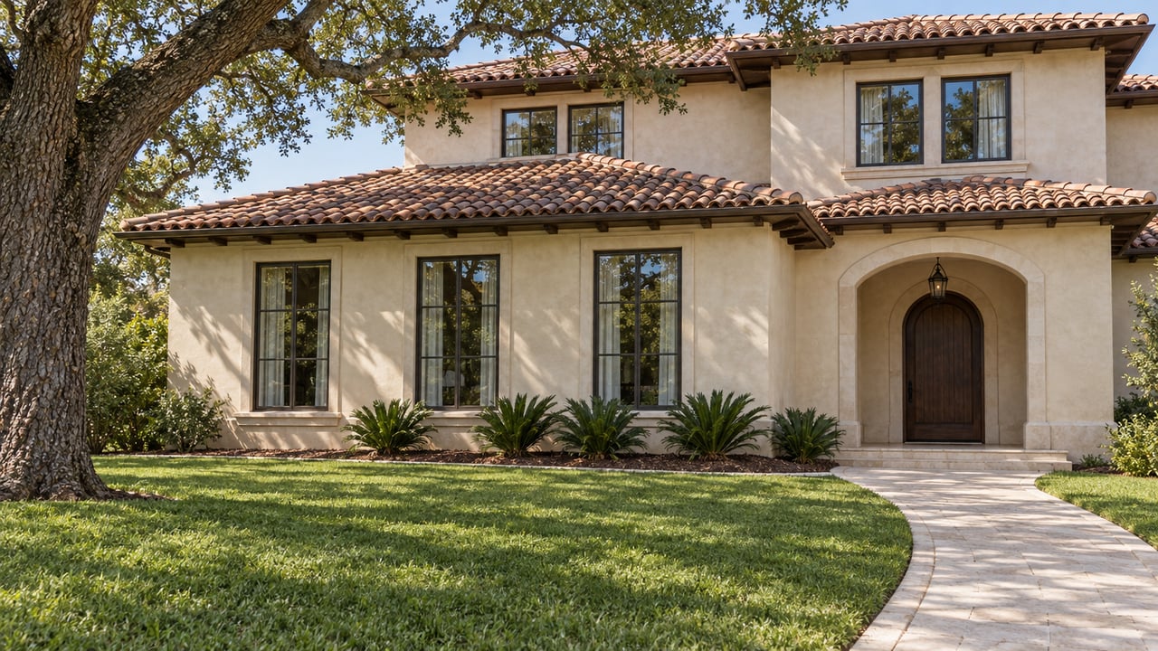 Ivory stucco home with terracotta roofs, bronze-framed windows and a limestone entry path across a broad lawn beneath a mature live oak.