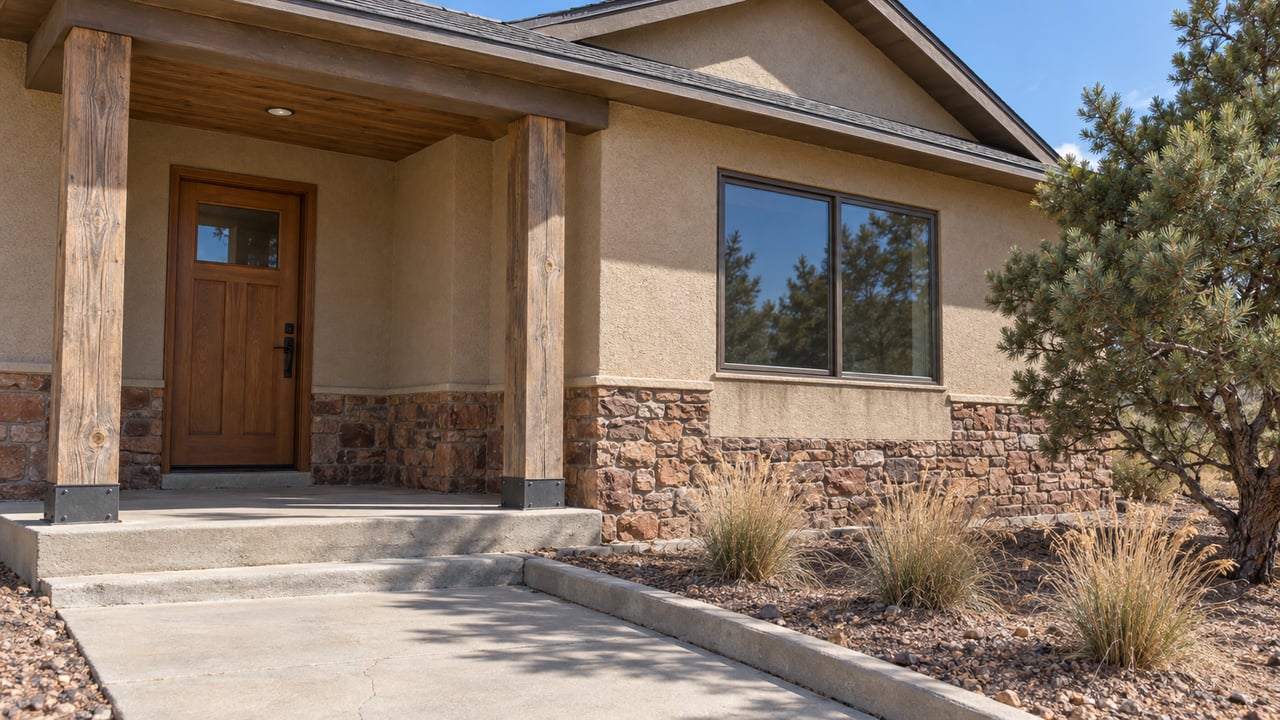 A modest stucco home with a timber-covered entry, sandstone foundation, and a dry planted bed beside its concrete approach.