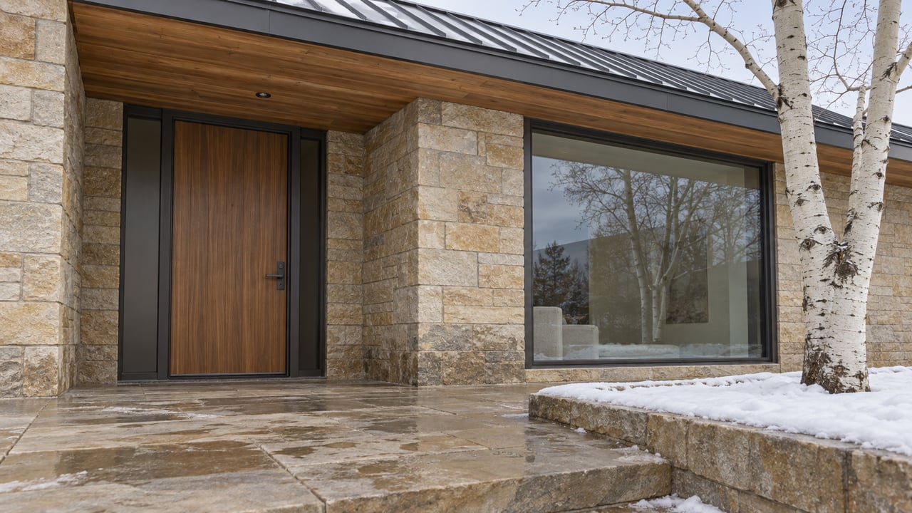 Snow beside a sandstone entry terrace, with a recessed wood door, cedar roof overhang and bronze-framed window.