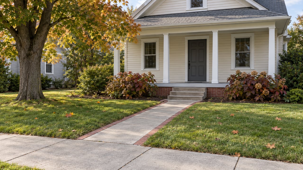 An ivory clapboard home with a covered porch, a deep front lawn and an autumn maple beside a concrete sidewalk.