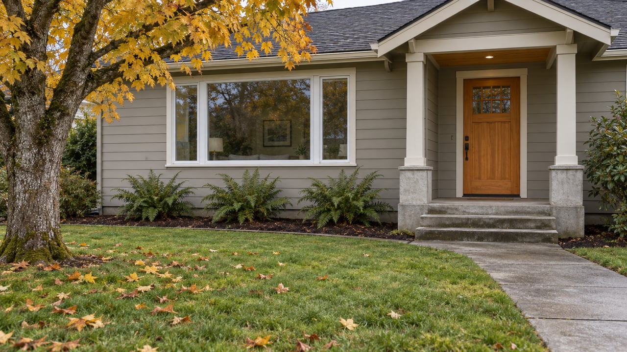 Updated gray-sided home with a sheltered fir entry, damp concrete approach, deep lawn, and golden maple canopy.
