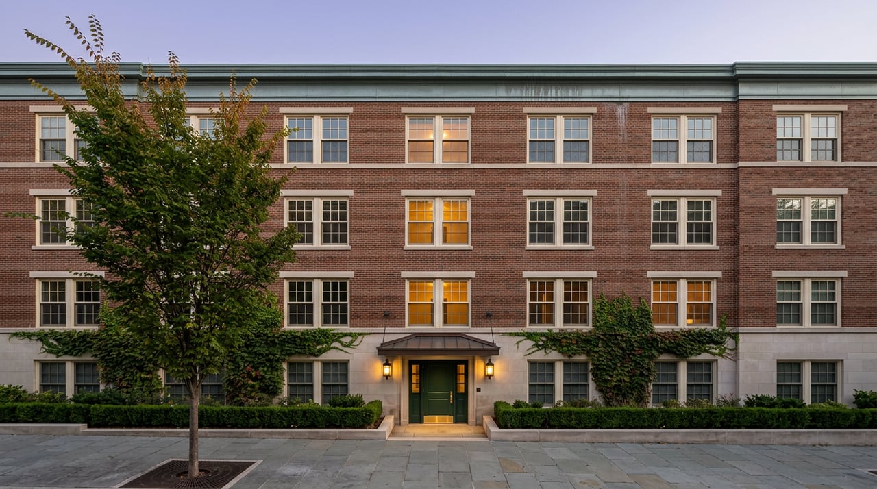 Five-story brick apartment building with a green entry door, glowing windows, and a tree beside the sidewalk at dusk.