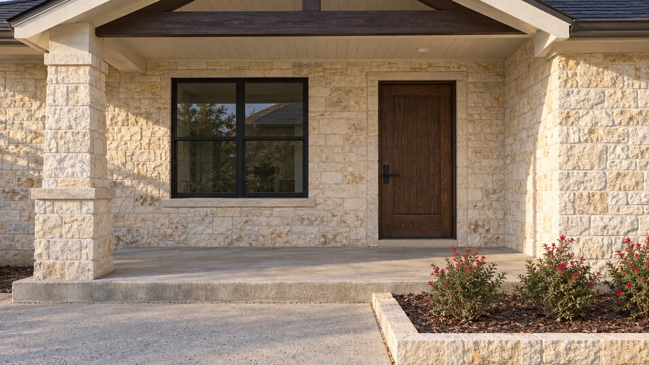 Covered limestone home entry with a dark oak door, black-framed window, concrete step and red-flowering sage beside the approach.