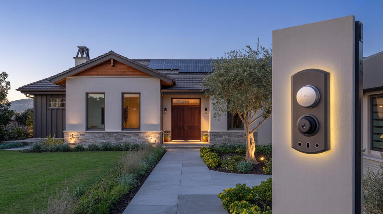 Modern home at dusk with a lit video doorbell on a foreground pillar and solar panels on the roof.
