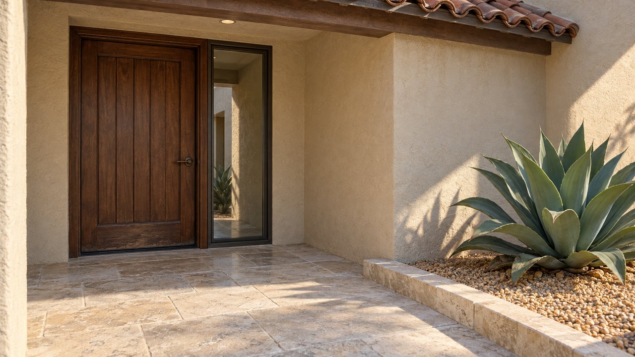 Morning light on a tan stucco home's recessed oak front door, limestone porch and a single agave in a gravel bed.