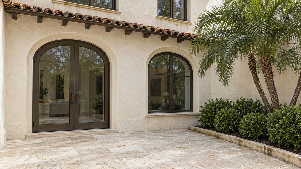 An ivory stucco villa overlooks a limestone garden court with arched bronze-framed glazing and a sculptural palm in a raised planting bed.