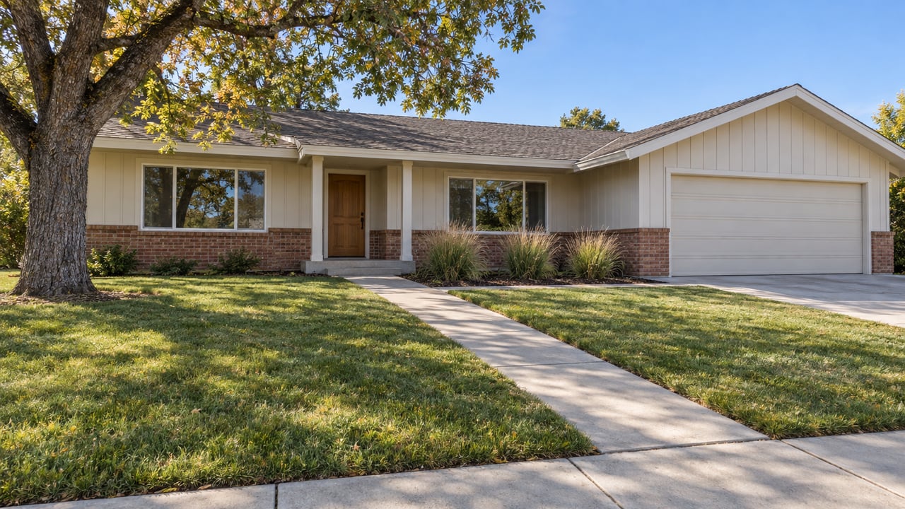 Single-story cream-sided ranch house with brick accents, a deep front lawn, a mature oak and a concrete entry walk in clear midday light.