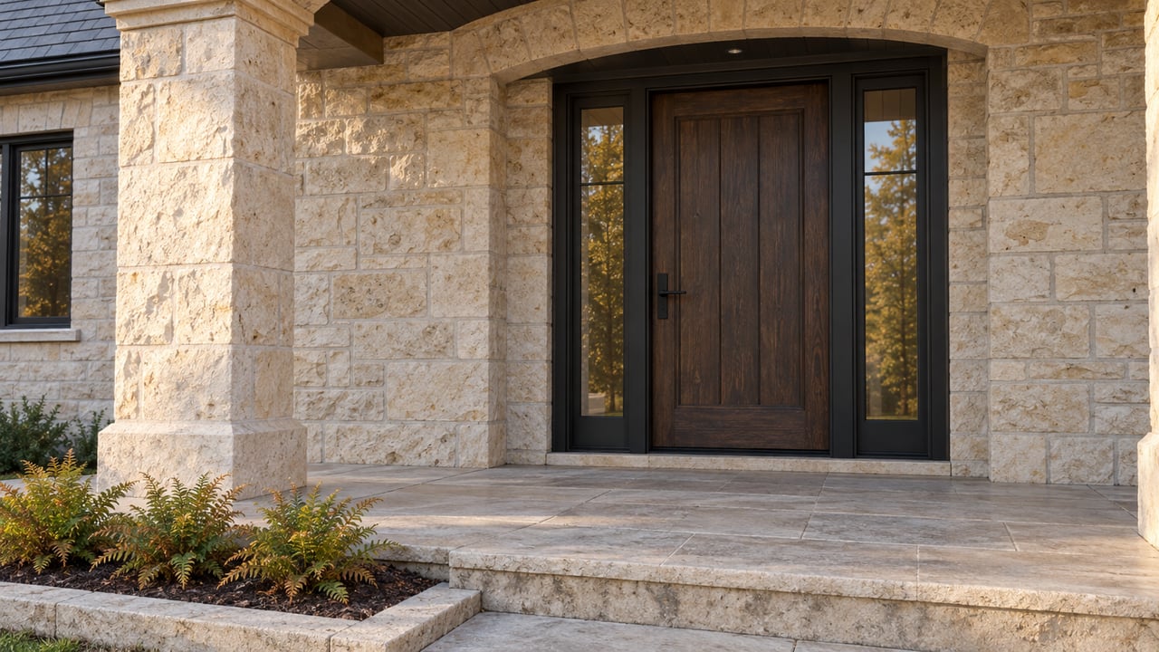 Covered limestone entrance with a dark oak door, paired glass sidelights and a fern bed edged in stone.