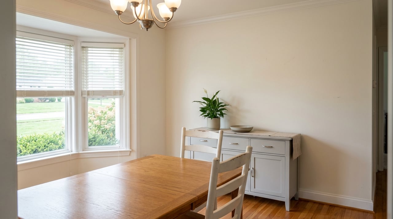 Dining room with a warm chandelier and overcast window light, overlooking foundation plantings.