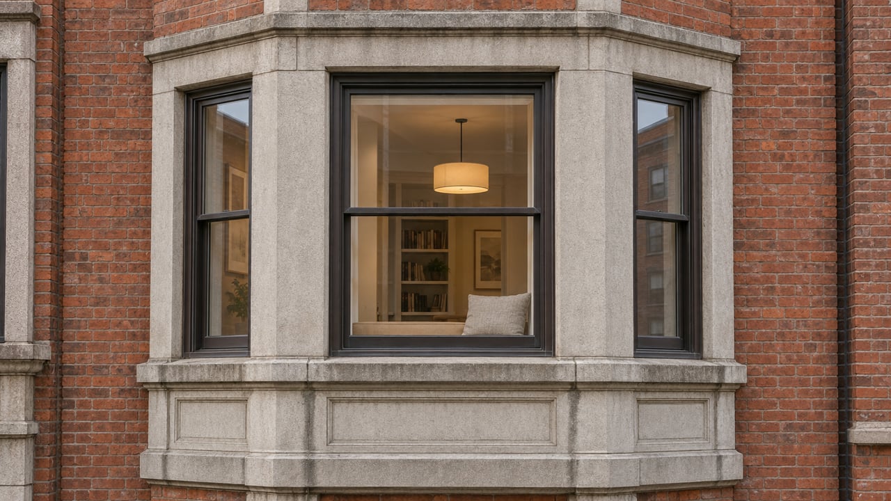 A limestone bay with three closed sash windows projects from a weathered red-brick residential facade in soft autumn daylight.