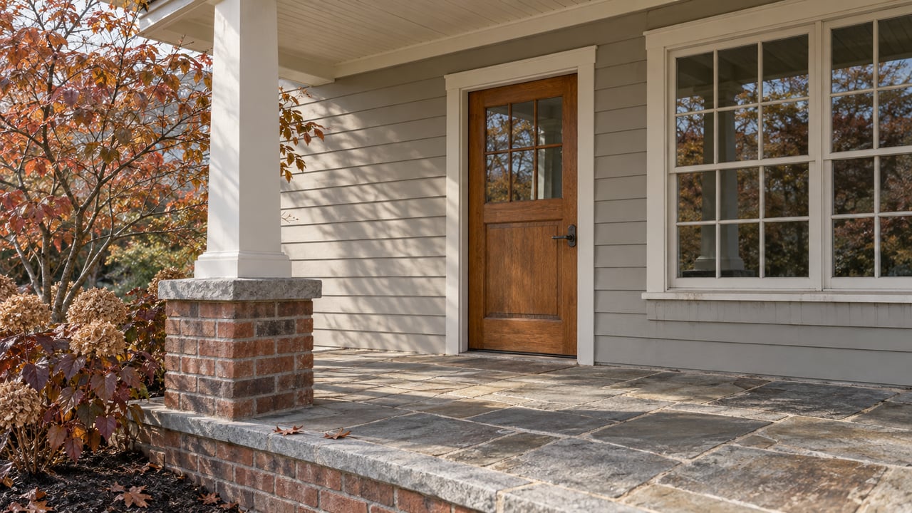 Late-fall porch with an oak front door, warm-gray clapboard, brick and flagstone, beside burgundy oakleaf hydrangeas and a flowering dogwood.
