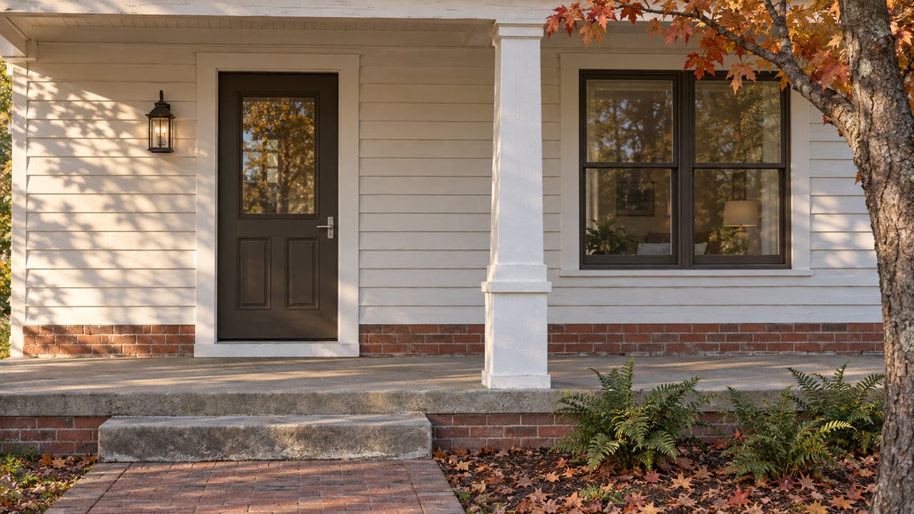 Covered white-clapboard home entrance with a bronze glazed door, brick foundation, concrete steps and orange maple leaves.