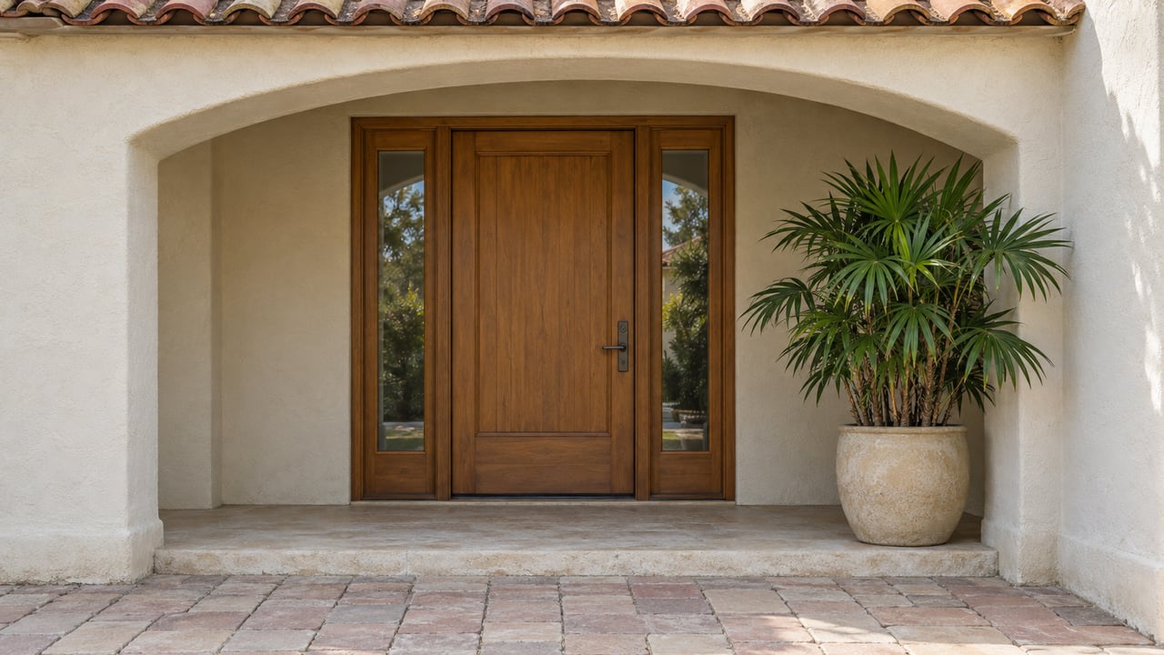 Cream stucco arched entry with a timber door, matching glass sidelights, warm clay tiles, and a potted lady palm beside the paver approach.
