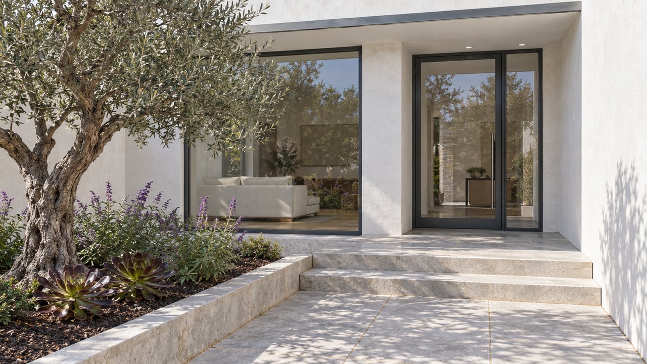 White stucco home with a recessed glass entry, pale limestone steps and a silver-leaved olive tree in a raised planting bed.