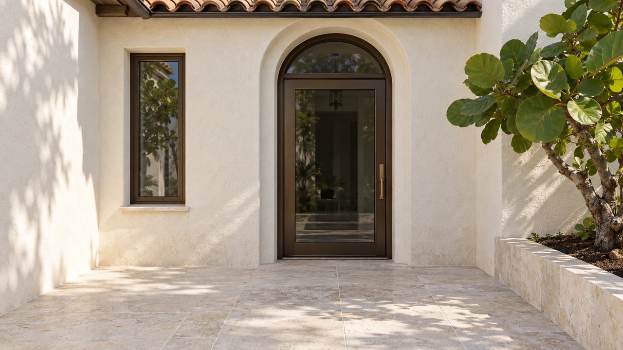 Warm stucco home entry with a bronze-framed arched glass door, terracotta roof tiles, pale limestone landing and sea grape leaves.
