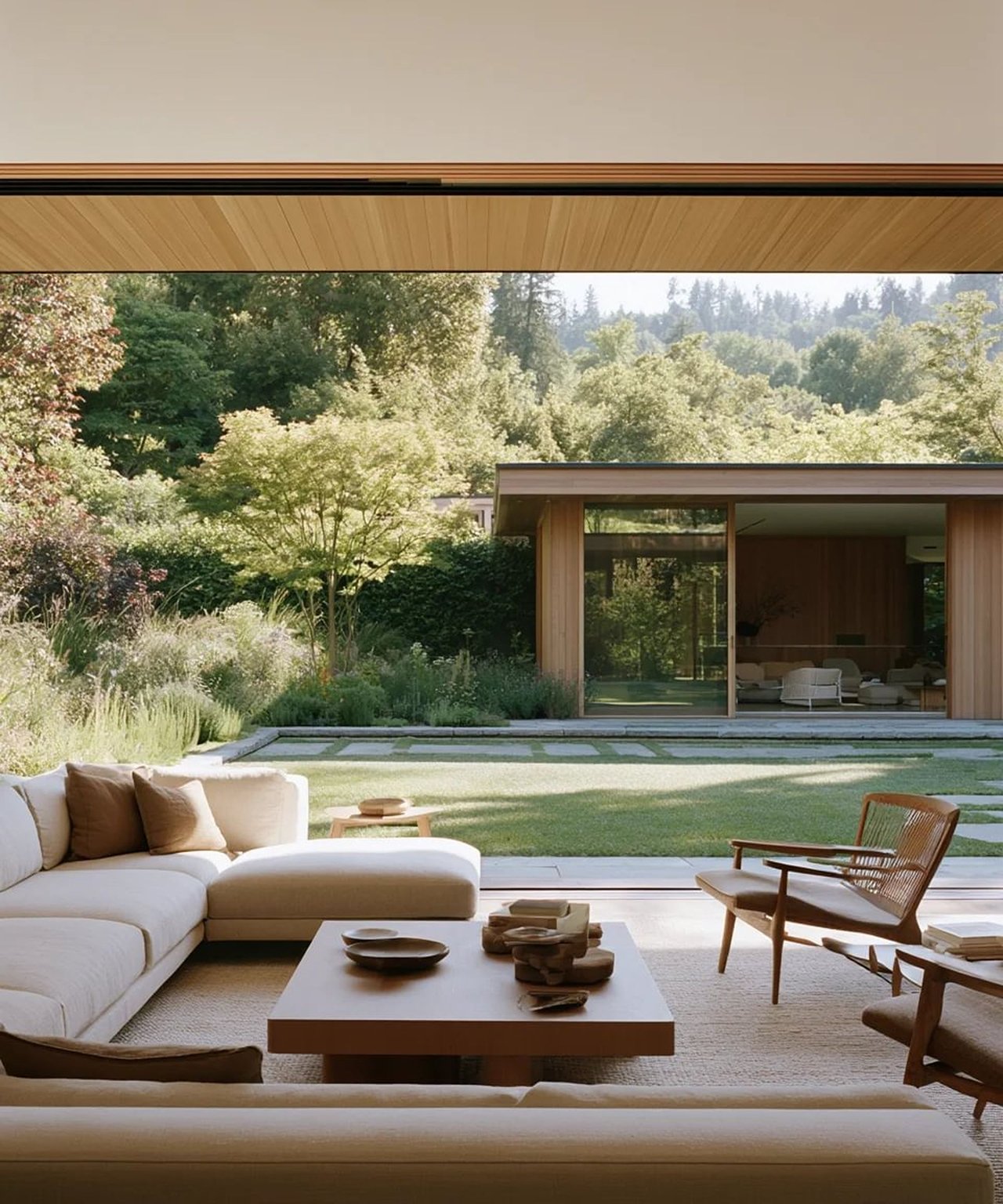 Modern living room with neutral sofas opening onto a landscaped garden through wide glass doors