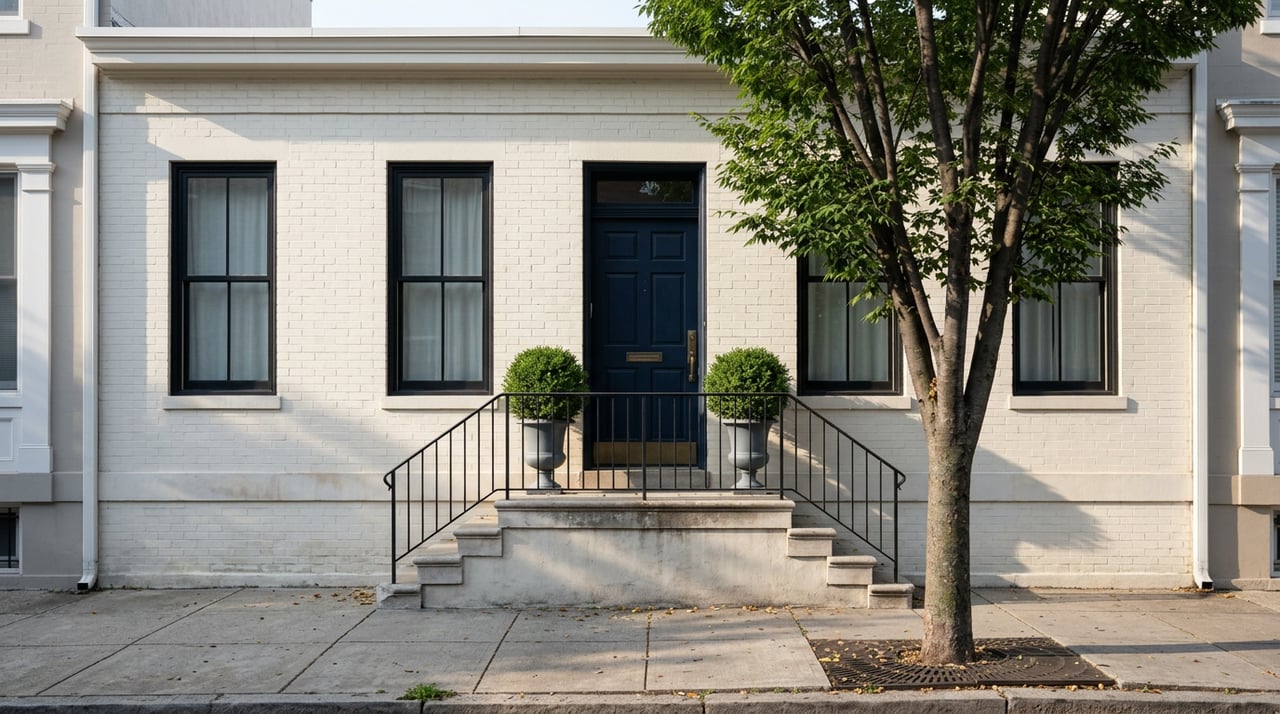 Off-white brick row house with a navy door, four-step stoop, black iron railing, and boxwood urns.