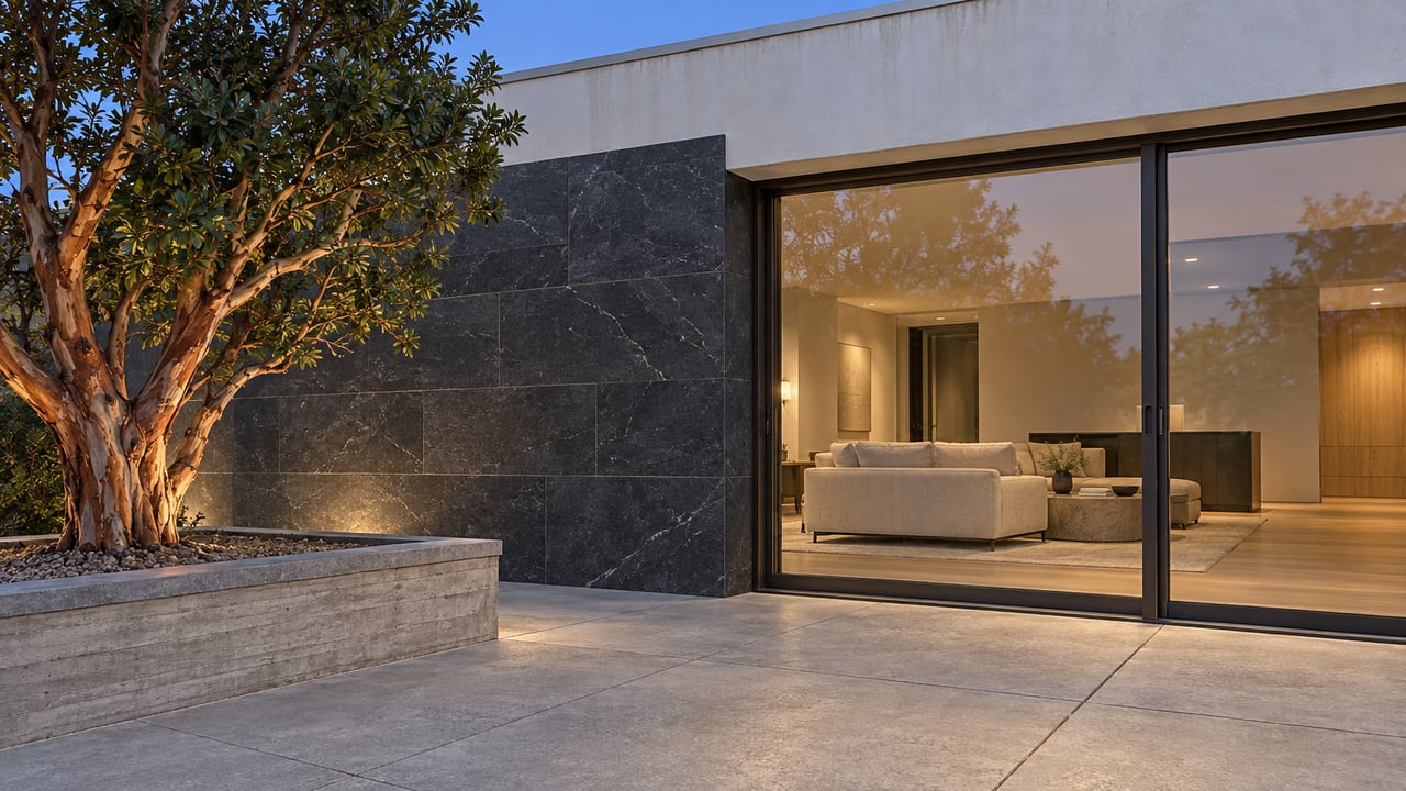 Dusk light on a pale stucco and charcoal stone home, with a closed glazed door, concrete terrace and sculptural strawberry tree.