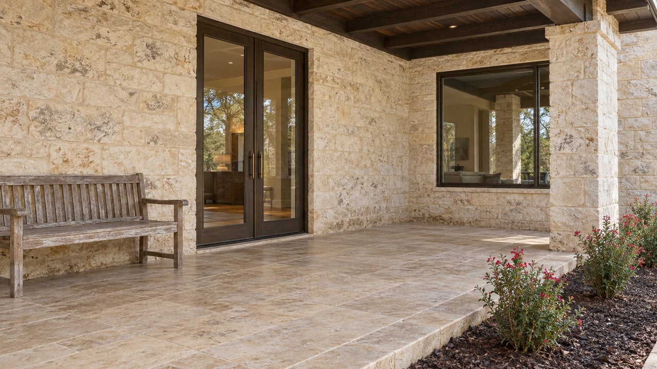 Covered limestone terrace with bronze-framed glass doors, a weathered oak bench, and red-flowering autumn sage beside raised stone paving.