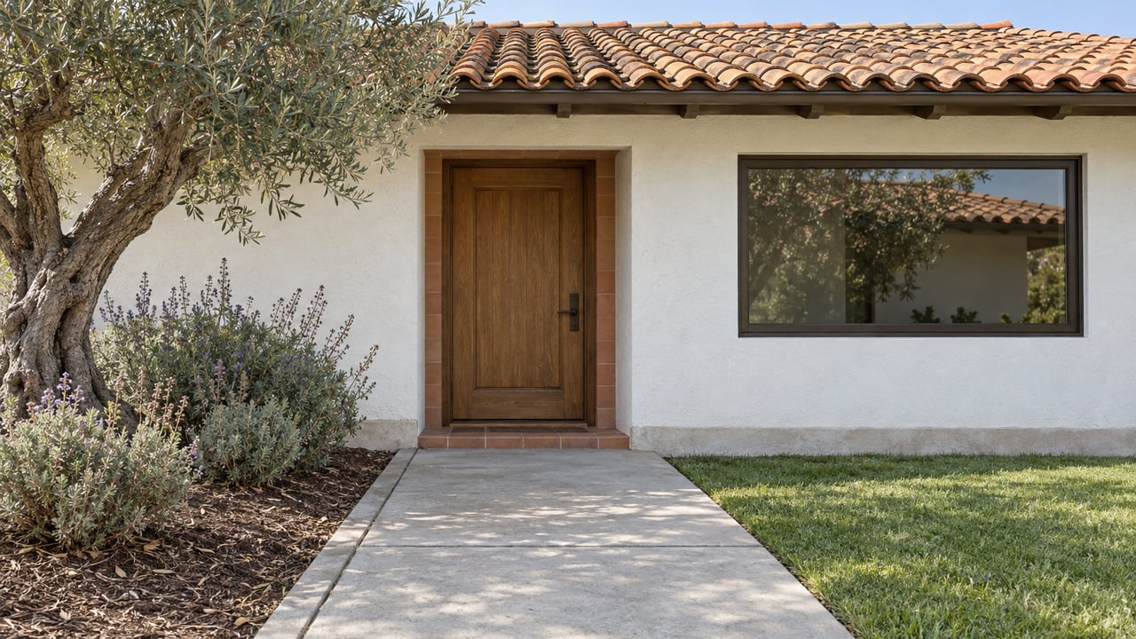 Sun-faded clay tiles above a white stucco home, with an oak entry door, bronze-framed window and olive tree beside a concrete approach.