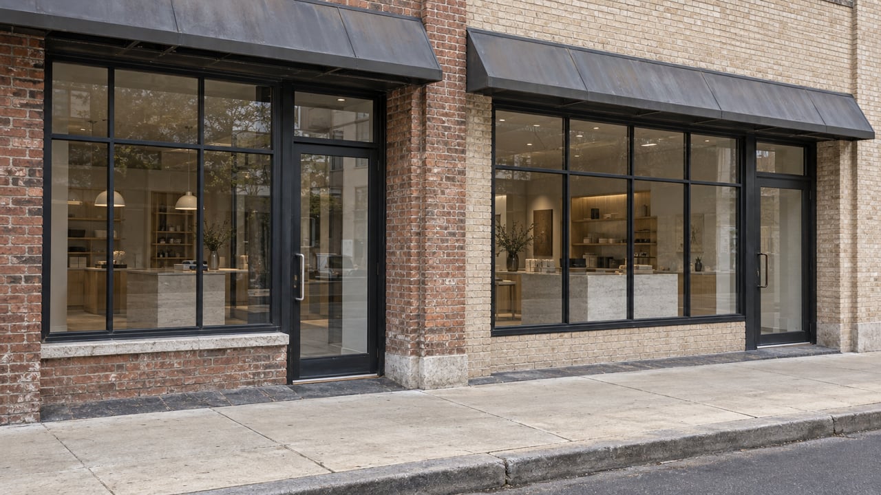 Two adjoining brick storefronts with black steel-framed windows and separate glazed doors along a concrete sidewalk.