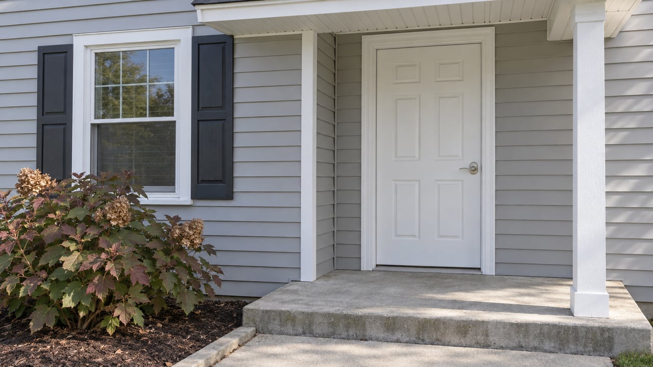 Close view of a white front door, shuttered window and concrete porch on a light-gray sided house, with an oakleaf hydrangea beside the approach.