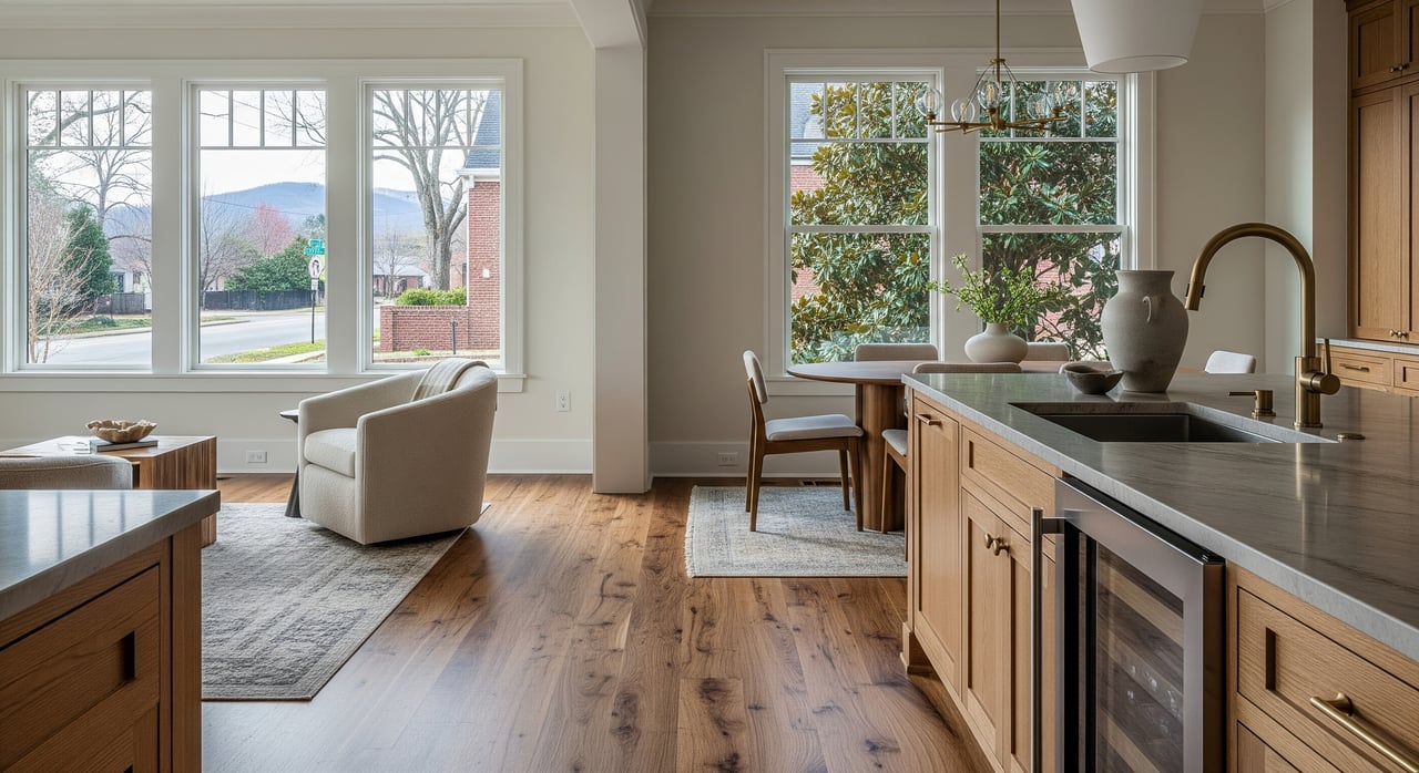 Open-plan kitchen and sitting area with wood cabinetry, a white armchair, and large grid windows.