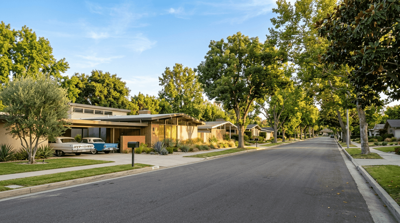 Tree-lined residential street in the San Fernando Valley with mid-century modern single-family homes and warm golden afternoon light
