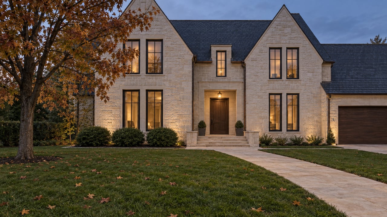 Pale limestone home with steep dark gables, warm windows and a broad autumn lawn at dusk.