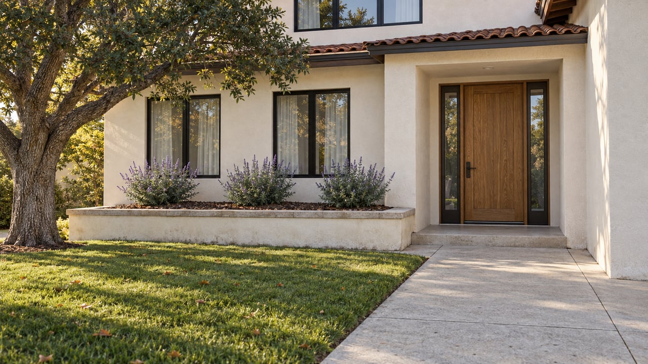 Sunlit ivory stucco home with clay tile eaves, oak entrance door, broad concrete approach and mature oak beside a lawn.