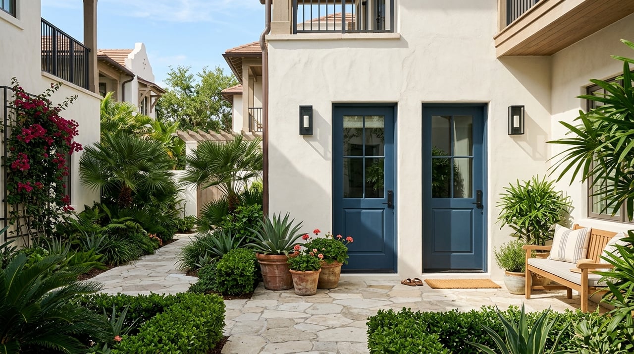 Two white townhome entry doors with sidelights open onto a beige paver walkway bordered by clipped greenery.