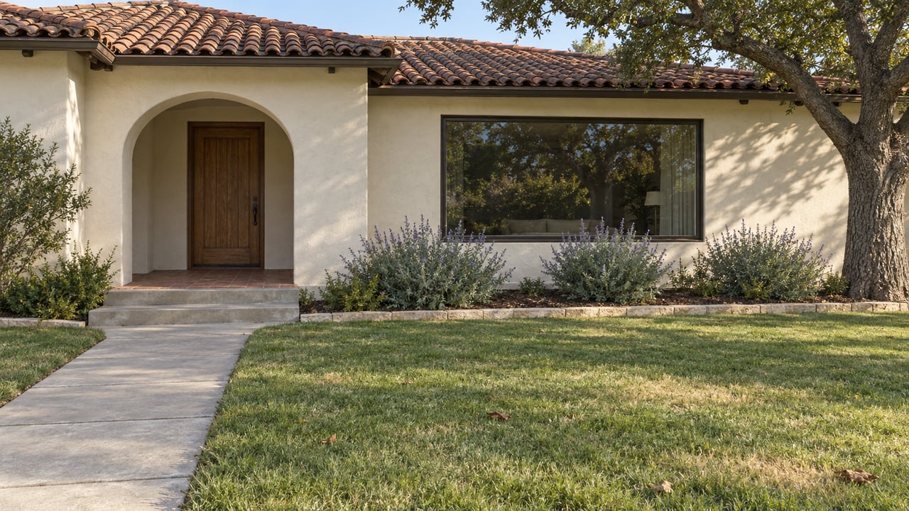 Cream stucco home with a weathered clay tile roof, arched porch and mature oak beside a deep front lawn in clear morning light.