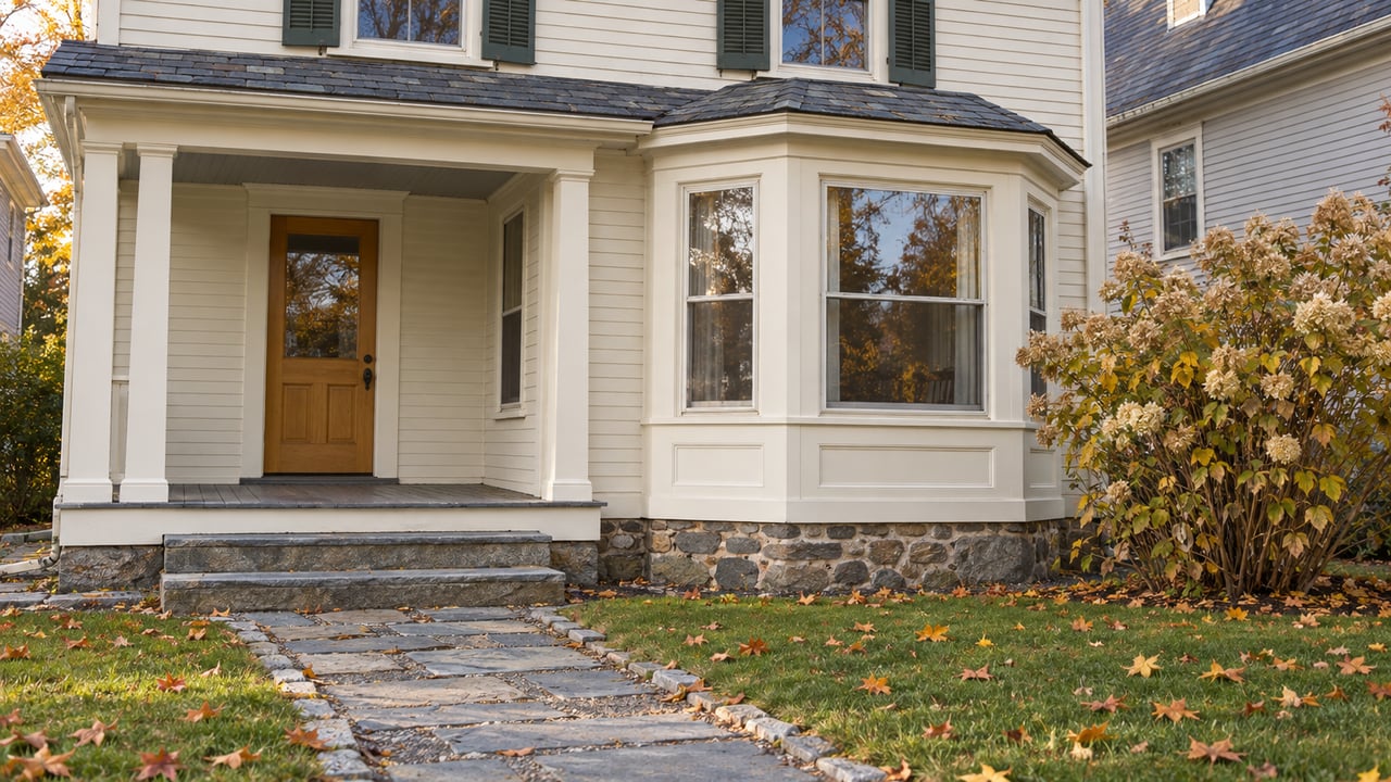 Ivory clapboard home with a glazed bay, covered porch and stone garden path in autumn light.