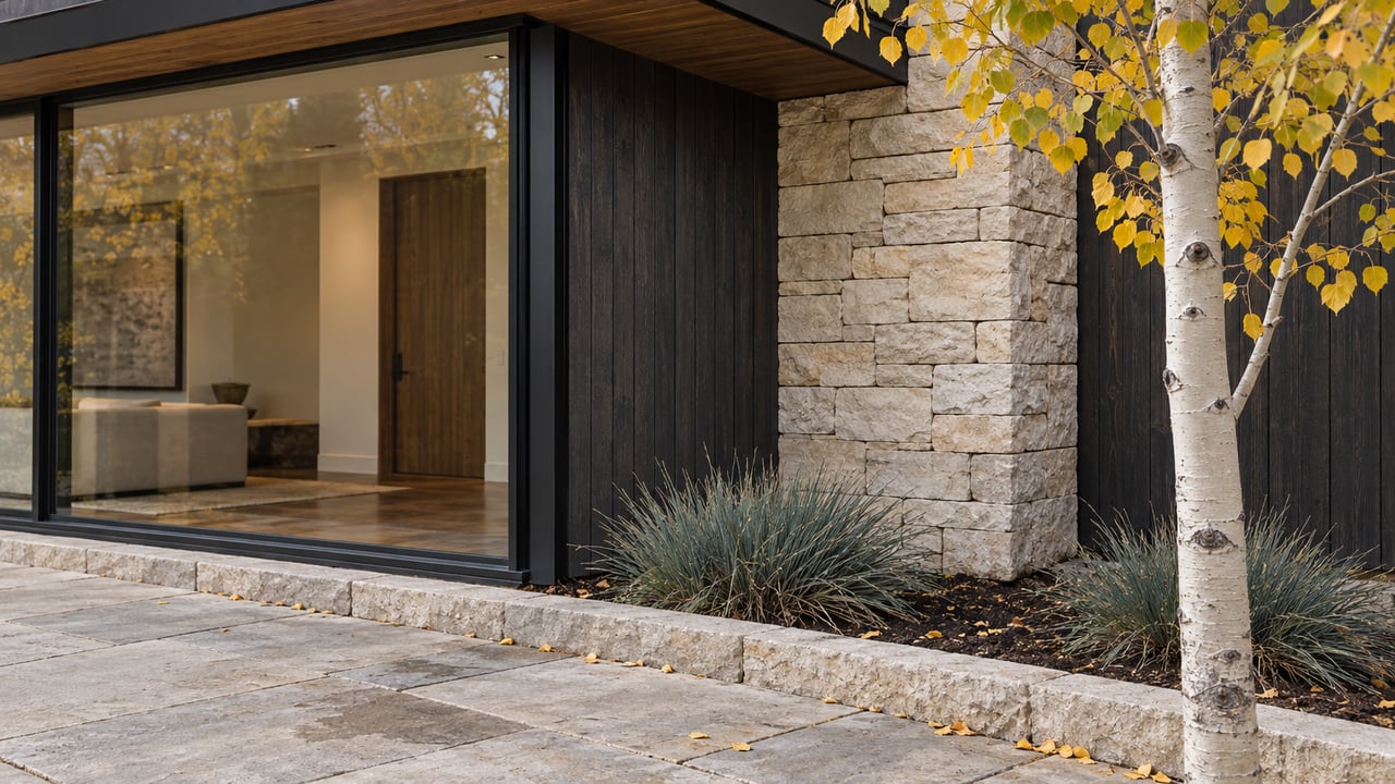 Modern house corner with a glazed living-room bay, pale stone pier, and yellowing aspen beside the planting bed.