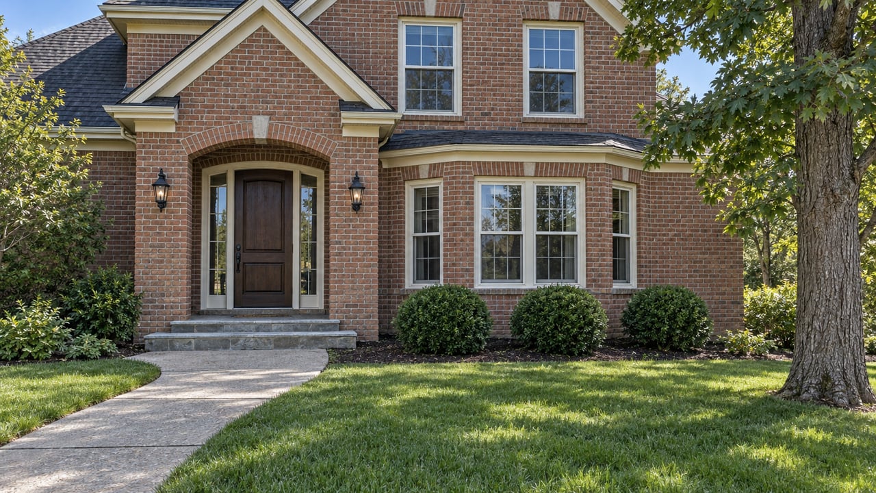 Warm brick home with a recessed wood entry, paired sidelights, bluestone steps and a broad front lawn framed by an oak.